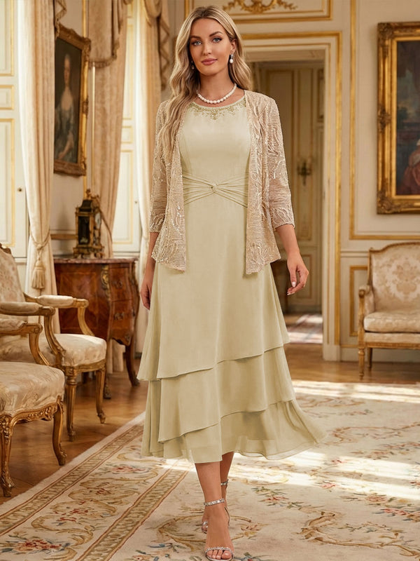 Two-Piece Chiffon & Sequin Tea Length 3/4 Sleeves Mother of the Bride & Groom Dresses with Rhinestone Embellished Neck