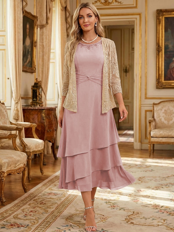 Two-Piece Chiffon & Sequin Tea Length 3/4 Sleeves Mother of the Bride & Groom Dresses with Rhinestone Embellished Neck
