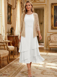 Two-Piece Chiffon & Sequin Tea Length 3/4 Sleeves Mother of the Bride & Groom Dresses with Rhinestone Embellished Neck