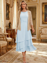 Two-Piece Chiffon & Sequin Tea Length 3/4 Sleeves Mother of the Bride & Groom Dresses with Rhinestone Embellished Neck