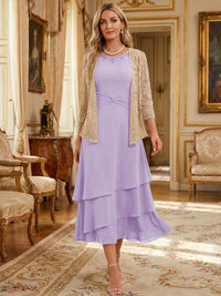 Two-Piece Chiffon & Sequin Tea Length 3/4 Sleeves Mother of the Bride & Groom Dresses with Rhinestone Embellished Neck