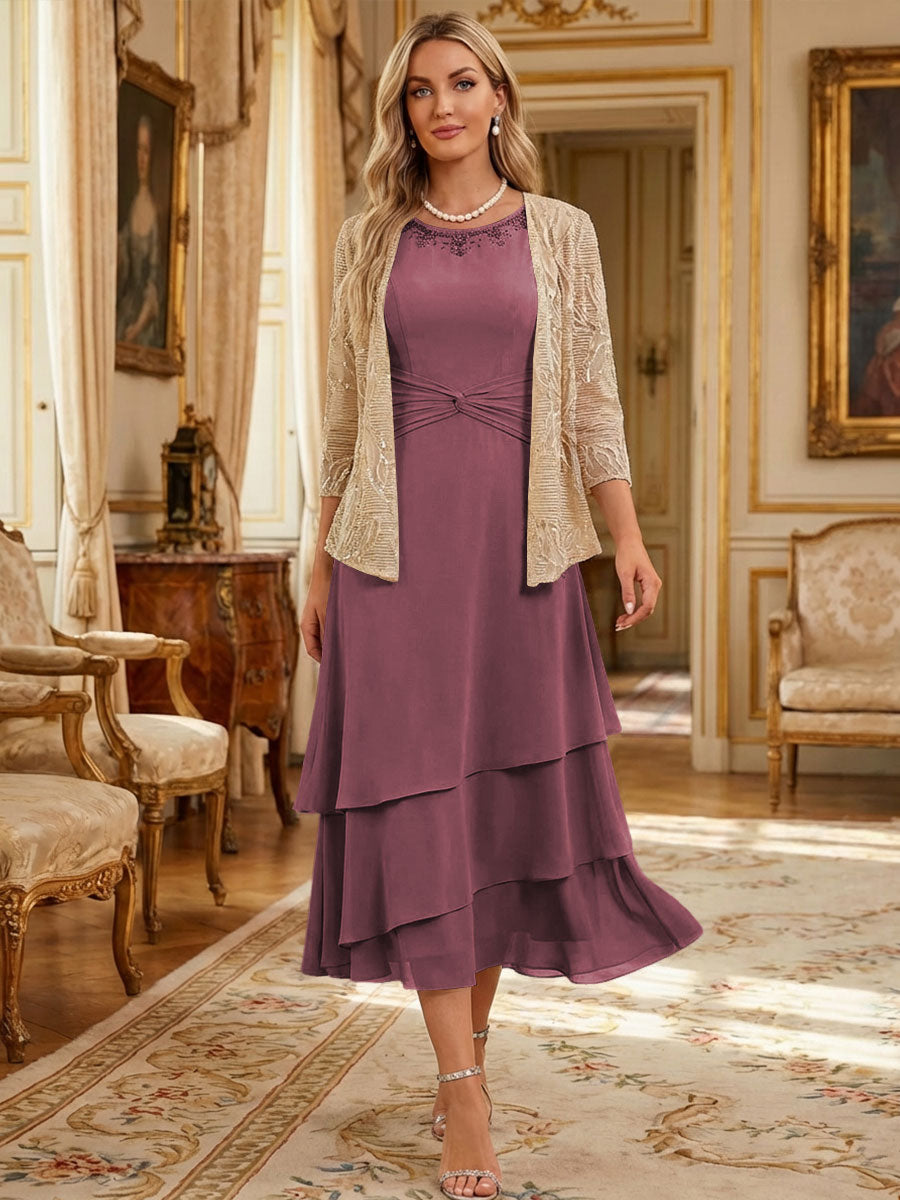 Two-Piece Chiffon & Sequin Tea Length 3/4 Sleeves Mother of the Bride & Groom Dresses with Rhinestone Embellished Neck