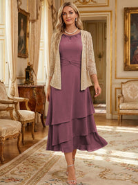 Two-Piece Chiffon & Sequin Tea Length 3/4 Sleeves Mother of the Bride & Groom Dresses with Rhinestone Embellished Neck