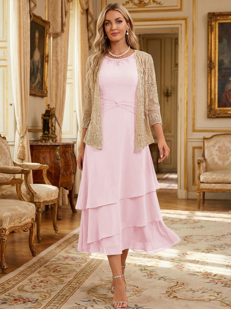 Two-Piece Chiffon & Sequin Tea Length 3/4 Sleeves Mother of the Bride & Groom Dresses with Rhinestone Embellished Neck