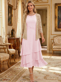 Two-Piece Chiffon & Sequin Tea Length 3/4 Sleeves Mother of the Bride & Groom Dresses with Rhinestone Embellished Neck
