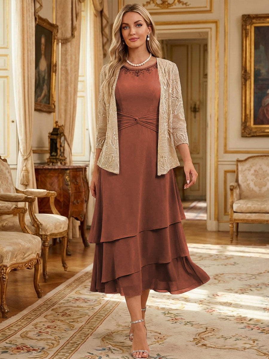 Two-Piece Chiffon & Sequin Tea Length 3/4 Sleeves Mother of the Bride & Groom Dresses with Rhinestone Embellished Neck
