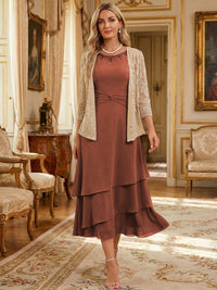 Two-Piece Chiffon & Sequin Tea Length 3/4 Sleeves Mother of the Bride & Groom Dresses with Rhinestone Embellished Neck