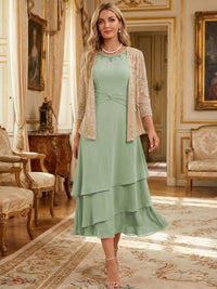 Two-Piece Chiffon & Sequin Tea Length 3/4 Sleeves Mother of the Bride & Groom Dresses with Rhinestone Embellished Neck