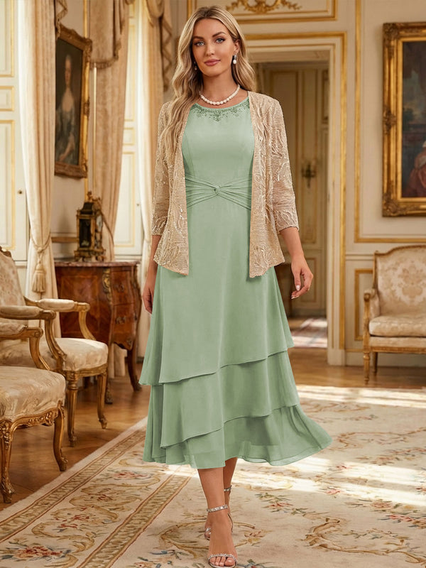 Two-Piece Chiffon & Sequin Tea Length 3/4 Sleeves Mother of the Bride & Groom Dresses with Rhinestone Embellished Neck