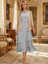 Two-Piece Chiffon & Sequin Tea Length 3/4 Sleeves Mother of the Bride & Groom Dresses with Rhinestone Embellished Neck