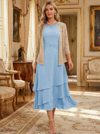 Two-Piece Chiffon & Sequin Tea Length 3/4 Sleeves Mother of the Bride & Groom Dresses with Rhinestone Embellished Neck