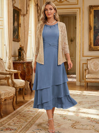 Two-Piece Chiffon & Sequin Tea Length 3/4 Sleeves Mother of the Bride & Groom Dresses with Rhinestone Embellished Neck