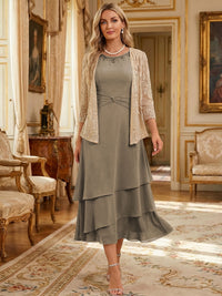 Two-Piece Chiffon & Sequin Tea Length 3/4 Sleeves Mother of the Bride & Groom Dresses with Rhinestone Embellished Neck
