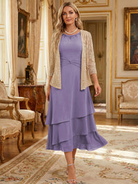 Two-Piece Chiffon & Sequin Tea Length 3/4 Sleeves Mother of the Bride & Groom Dresses with Rhinestone Embellished Neck