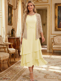 Two-Piece Chiffon & Sequin Tea Length 3/4 Sleeves Mother of the Bride & Groom Dresses with Rhinestone Embellished Neck