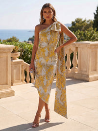 One Shoulder Beaded Midi Jacquard Satin Mother of the Bride Dresses
