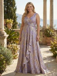 Sleeveless V-Neck Ruched Jacquard Satin Mother of the Bride Dresses