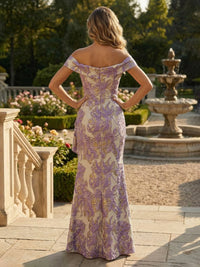 Off Shoulder Jacquard Satin Mother of the Bride Dresses with Split Side