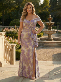 Off Shoulder Jacquard Satin Mother of the Bride Dresses with Split Side