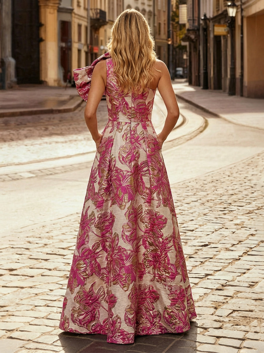 One Shoulder Jacquard Satin Mother of the Bride Dresses with Bow
