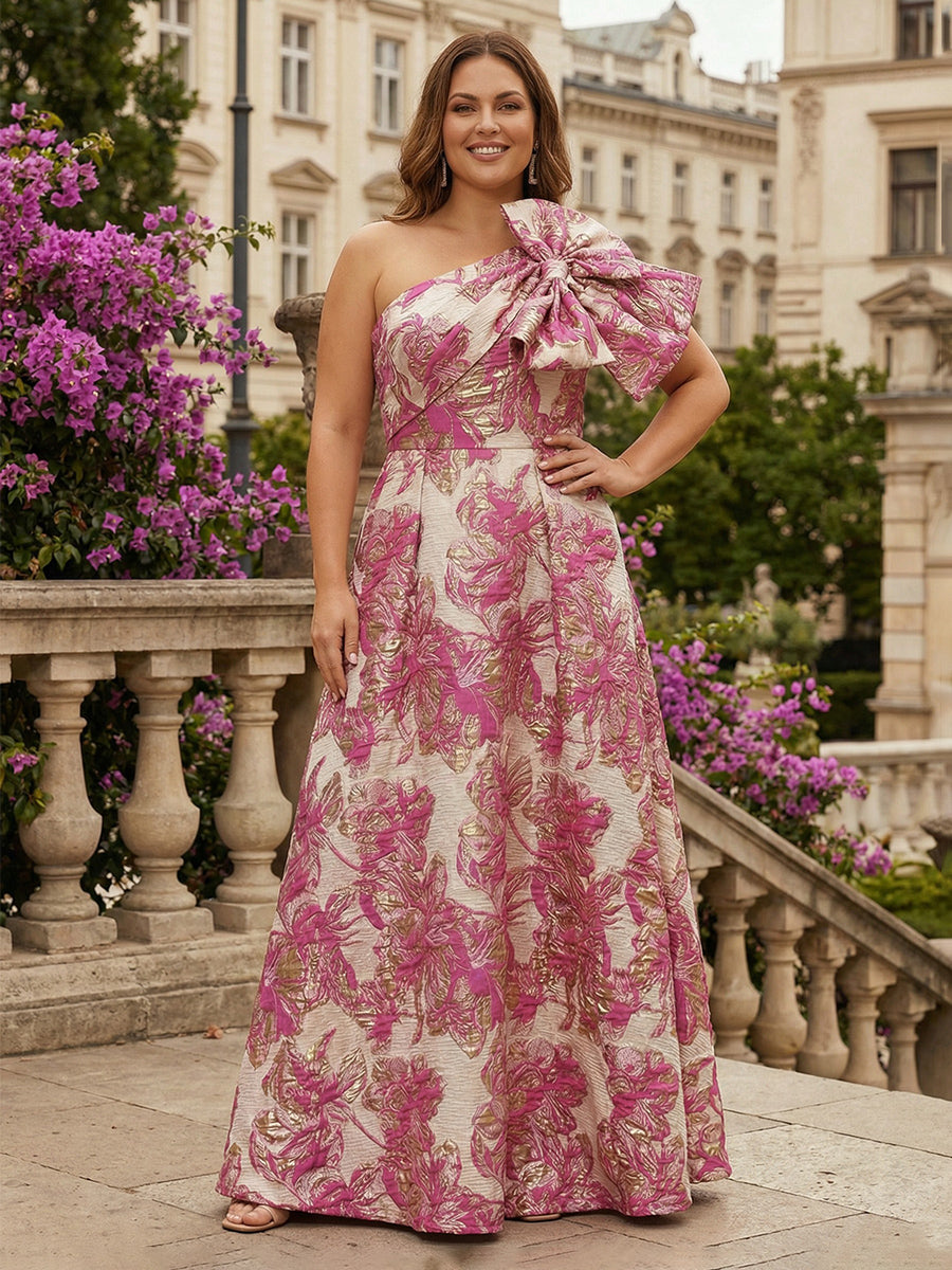 One Shoulder Jacquard Satin Mother of the Bride Dresses with Bow