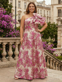 One Shoulder Jacquard Satin Mother of the Bride Dresses with Bow