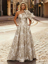 One Shoulder Jacquard Satin Mother of the Bride Dresses with Bow