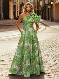 One Shoulder Jacquard Satin Mother of the Bride Dresses with Bow