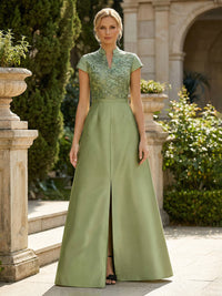 Cape Sleeve V-Neck Appliques Satin Mother of the Bride Dresses