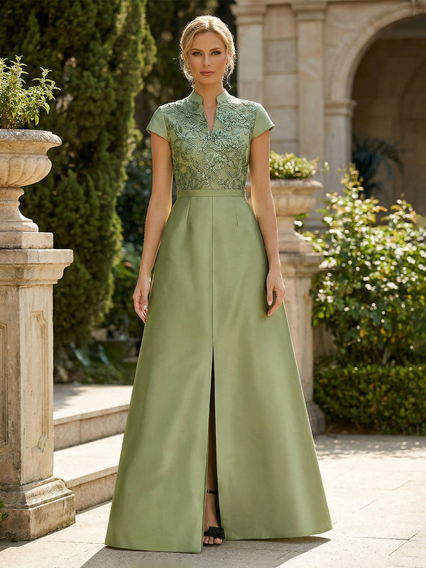 Cape Sleeve V-Neck Appliques Satin Mother of the Bride Dresses