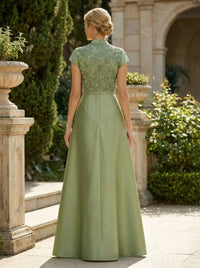 Cape Sleeve V-Neck Appliques Satin Mother of the Bride Dresses