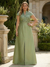 Cape Sleeve V-Neck Appliques Satin Mother of the Bride Dresses