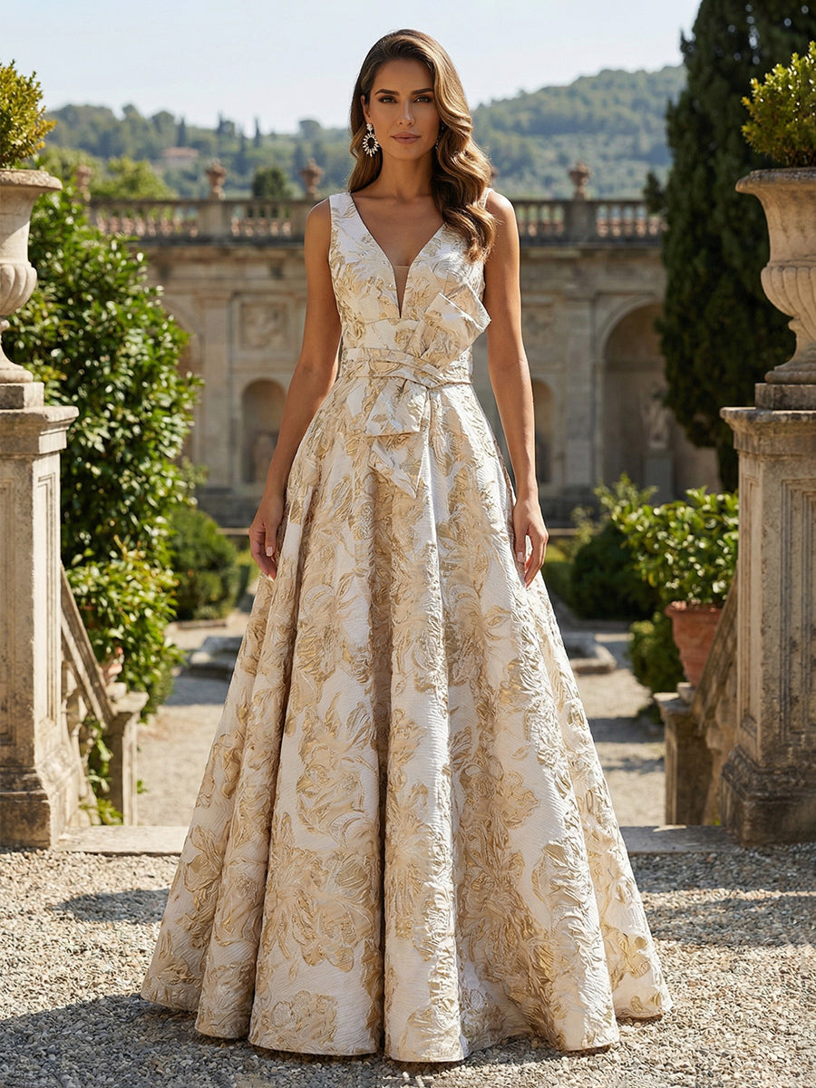Sleeveless V-Neck Jacquard Satin Mother of the Bride Dresses