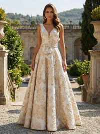 Sleeveless V-Neck Jacquard Satin Mother of the Bride Dresses