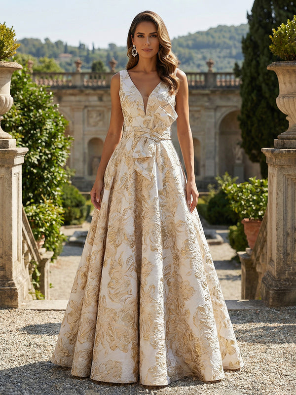 Sleeveless V-Neck Jacquard Satin Mother of the Bride Dresses