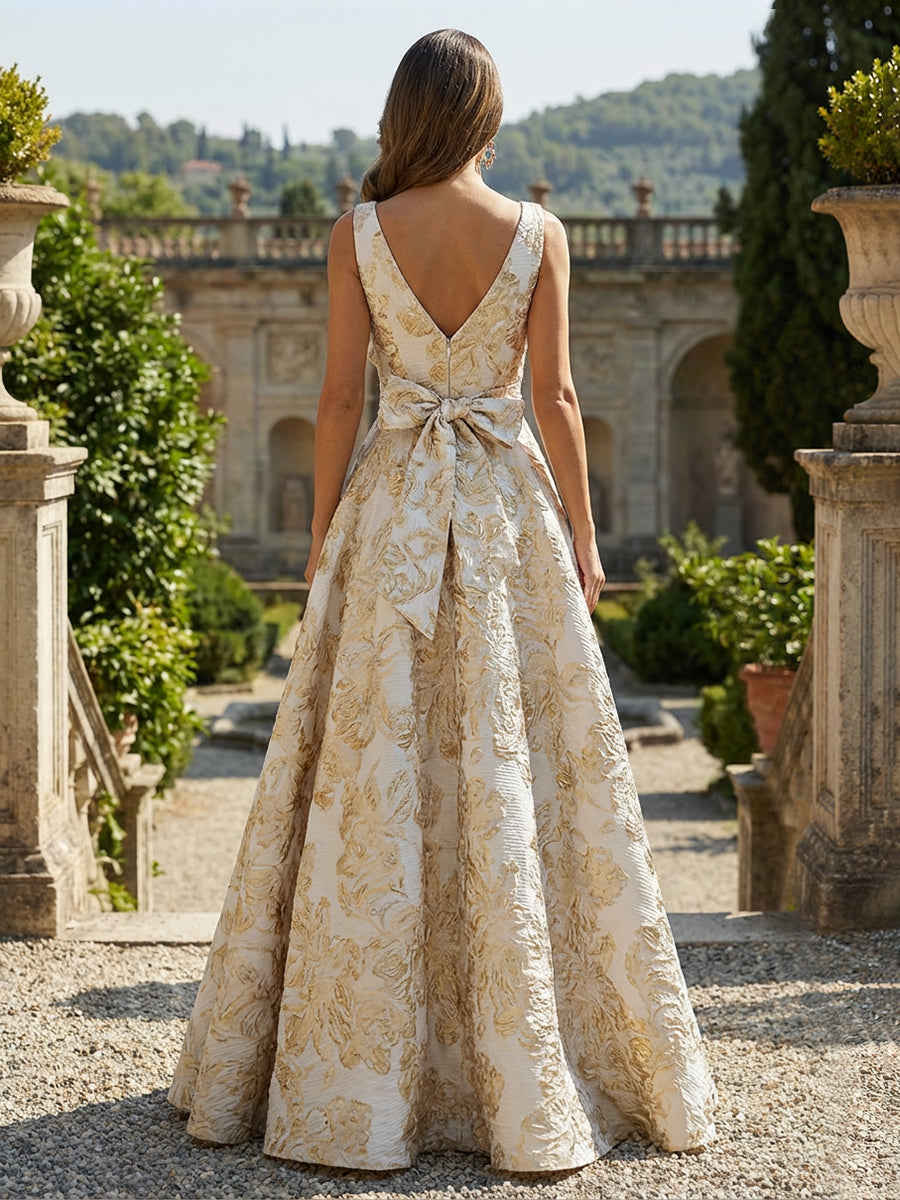 Sleeveless V-Neck Jacquard Satin Mother of the Bride Dresses