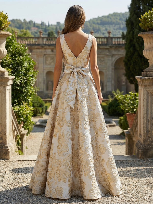 Sleeveless V-Neck Jacquard Satin Mother of the Bride Dresses