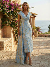Cape Sleeve Midi Jacquard Satin Mother of the Bride Dresses