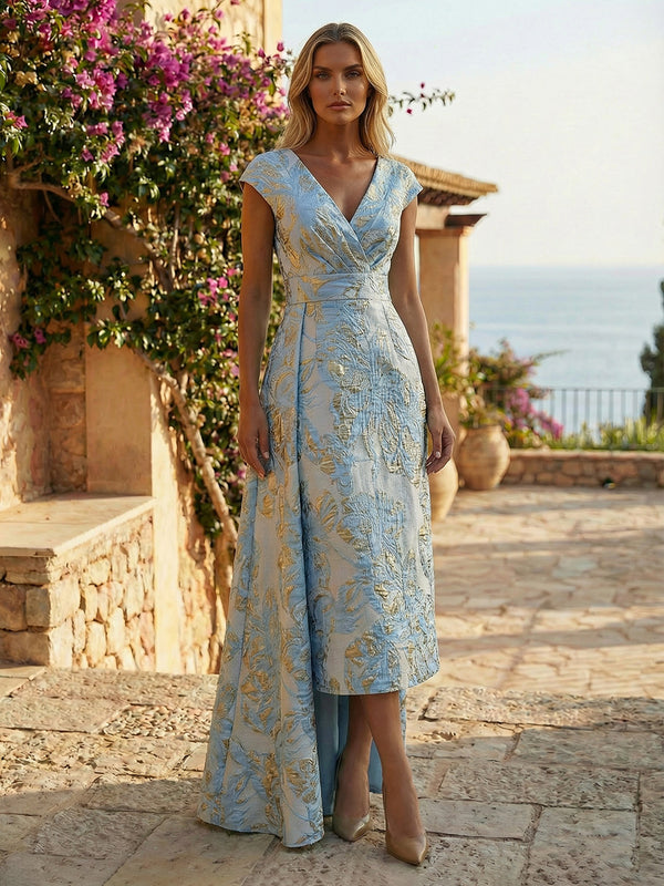 Cape Sleeve Midi Jacquard Satin Mother of the Bride Dresses