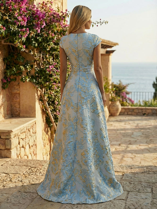 Cape Sleeve Midi Jacquard Satin Mother of the Bride Dresses