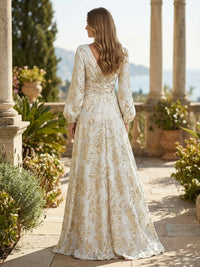 Long Sleeve V-Neck Jacquard Satin Mother of the Bride Dresses