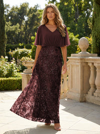 Short Sleeve V-Neck Lace Appliques Chiffon Mother of the Bride Dresses