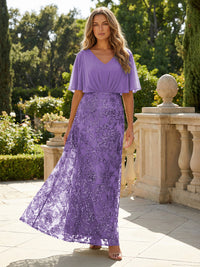 Short Sleeve V-Neck Lace Appliques Chiffon Mother of the Bride Dresses