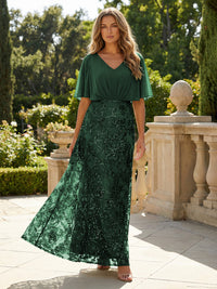 Short Sleeve V-Neck Lace Appliques Chiffon Mother of the Bride Dresses