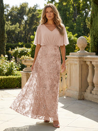 Short Sleeve V-Neck Lace Appliques Chiffon Mother of the Bride Dresses