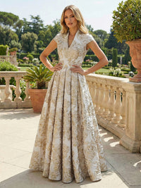Cape Sleeve Jacquard Satin Ruched Mother of the Bride Dresses