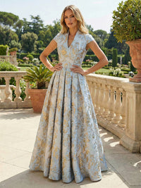 Cape Sleeve Jacquard Satin Ruched Mother of the Bride Dresses