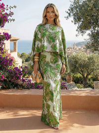 Cape Sleeve Jacquard Satin Ruched Mother of the Bride Dresses 2 Piece