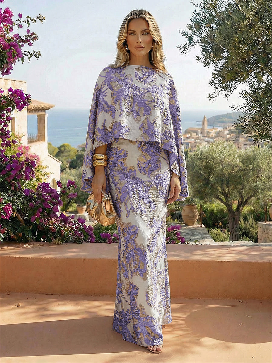Cape Sleeve Jacquard Satin Ruched Mother of the Bride Dresses 2 Piece