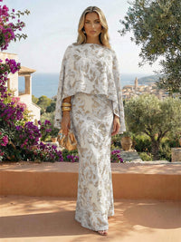 Cape Sleeve Jacquard Satin Ruched Mother of the Bride Dresses 2 Piece